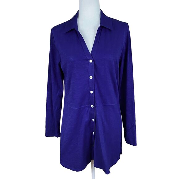 Soft Surroundings Pamplona Button-up Tunic Top Size S Lagoon Blue Cotton L/S - Picture 2 of 7